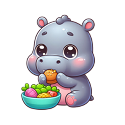 Et sødt, tegnet næsehorn, der spiser en kage, mens det sidder ved en skål med frugt.