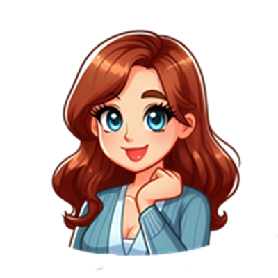 En farverig tegneseriefigur med brunt hår og blå øjne, der smiler og ser glad ud.