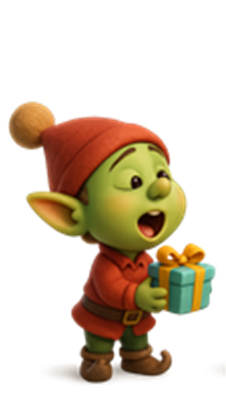 En glad gnom i rød hat holder en gave med et stort bånd.