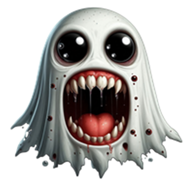 Et uhyggeligt spøgelse med store, blanke øjne og en skræmmende mund, der viser tænder.