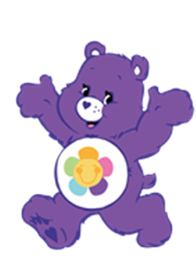 En glad lilla bamse med en farverig mave, der strækker armene ud, som om den vil kramme.