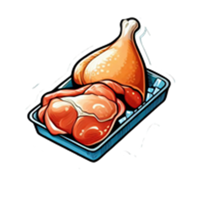 Et udvalg af kyllingekød, herunder lår og bryst, præsenteret på en bakke.