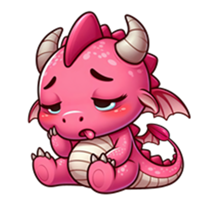En lille, lyserød drage med søde træk, der ser træt og lidt ked af det ud.