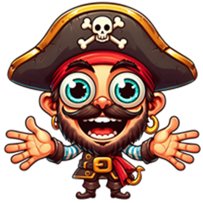 En farverig og glad pirat med stor hat, skæg og åbne arme, klar til eventyr.