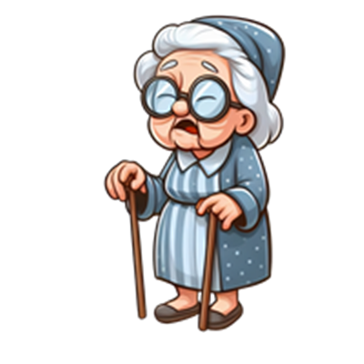 En tegnet gammel dame iført en blå kjole og hat, der står med to stokke.