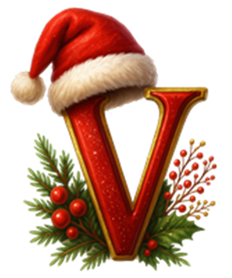 Billedet viser et stort, glitrende bogstav V iført en julehat, omgivet af julegrønne planter.