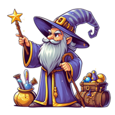 En troldmand i en blå hat holder en tryllestav og står ved en kiste fyldt med magiske genstande.