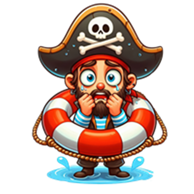 En frygtsom pirat iført en hat med dødningehoved, der holder en redningskrans.