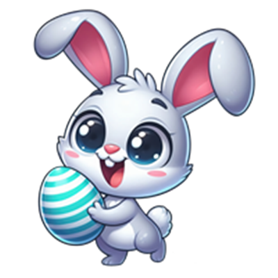 En glad, tegnet kanin holder et stribet påskeæg og smiler.