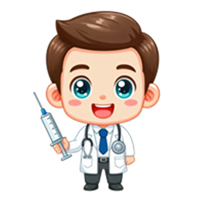 En tegneseriefigur af en glad læge med en sprøjte og stetoskop.