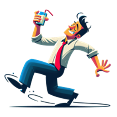 En glad mand i skjorte og slips, der danser med en drink i hånden.