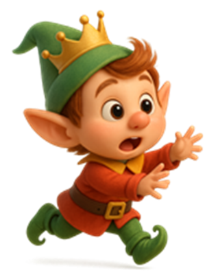 En glad lille elver med en grøn hat og krone, der løber med en overrasket mine.