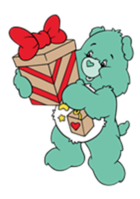 En sød, teal farvet bamse holder en gave med en rød sløjfe og smil.