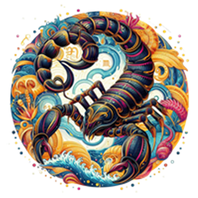 Et detaljeret og farverigt billede af en skorpion omgivet af bølger og abstrakte former.