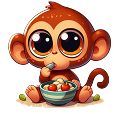 En nuttet abe sidder og spiser fra en skål med frugt.