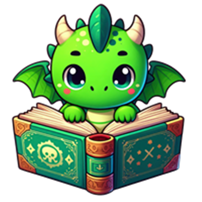 En lille, sød grøn drage med vinger sidder foran en åben bog med mystiske symboler.