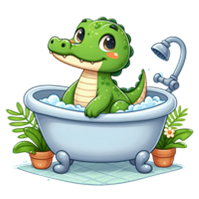 En sød, grøn krokodille sidder i et badekar fyldt med skum, omgivet af planter.
