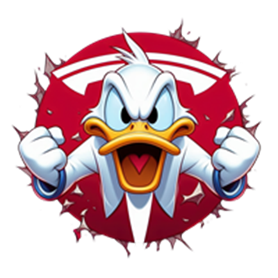 En tegneserieagtig and iført en Tesla-jakke, der ser vred ud med knyttede næver.