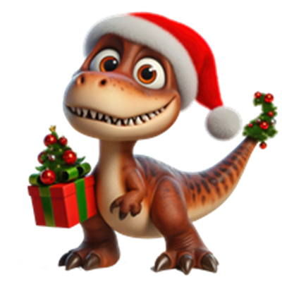 En sød dinosaur iført en nissehue og holder en gave med julepynt.