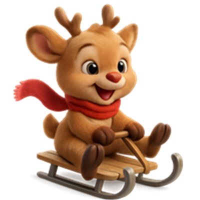 Et sødt, animeret rensdyr iført et rødt tørklæde, der kælker ned ad en bakke.