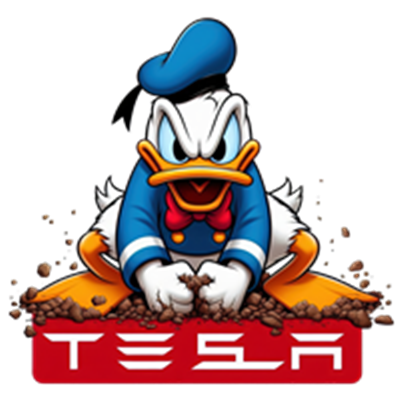 Et kreativt billede af Donald Duck med Tesla-logoet, der giver et humoristisk indtryk.