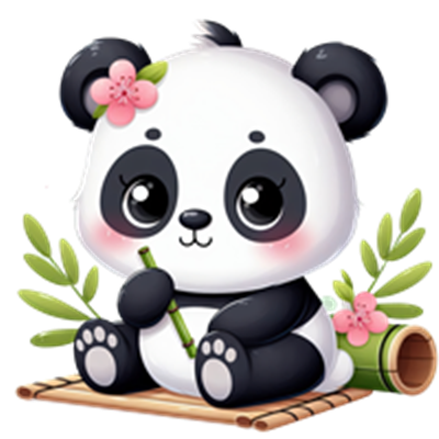 En nuttet panda med store øjne sidder på en bambusplade, omgivet af grønne planter og blomster.