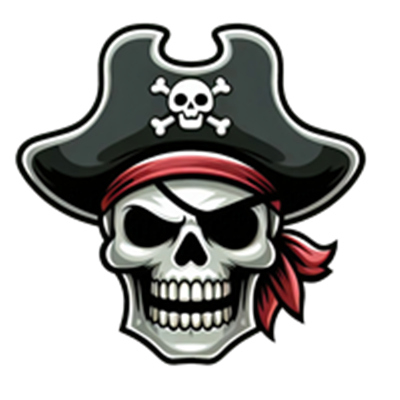 En stiliseret piratskalle iført en sort hat med korsknogler og et rødt tørklæde.