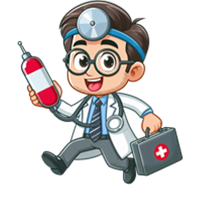 En tegnet læge, der holder en sprøjte og en medicinkasse, mens han smilende går.