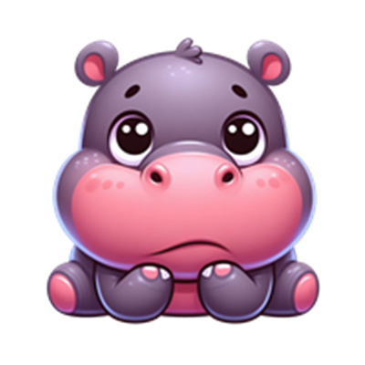 En sød, cartoon-lignende flodhest med store øjne, der ser trist ud.