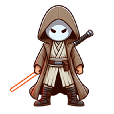 En tegneserieagtig Jedi iført en kappe, holder et lyssværd.