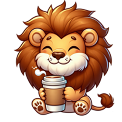 En sød, tegnet løve sidder og nyder en kop kaffe med et stort smil.