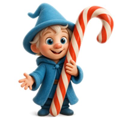En glad, lille karakter iført en blå kappe og hat, holder en stor slikstok.