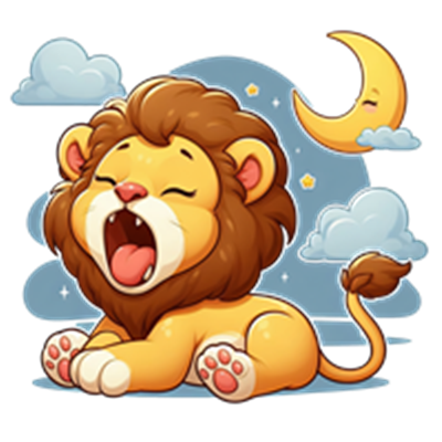 En sød, tegneserieagtig løve, der gaber, omgivet af skyer og en måne.