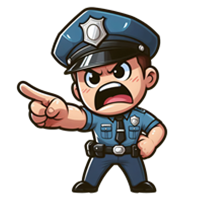 En tegneseriefigur af en vred politimand, der peger med en bestemt mine.