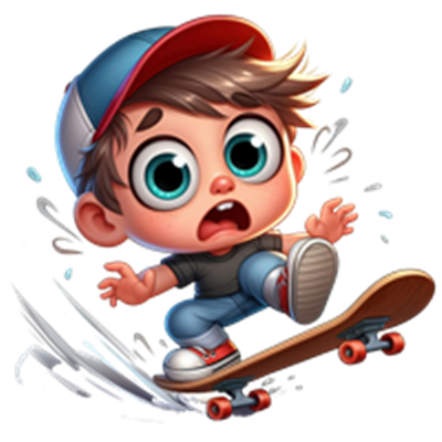 En ung dreng på skateboard ser forskrækket ud, mens han mister balancen.