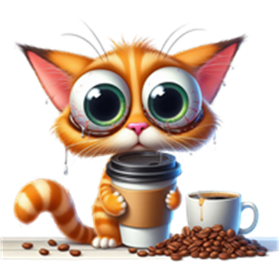 En sød, tegnet kat med store øjne, der holder en kaffekop og står ved siden af en kaffekande.