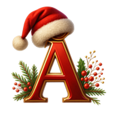 Et dekorativt bogstav A iført en rød nissehue, omgivet af julegrønt og bær.