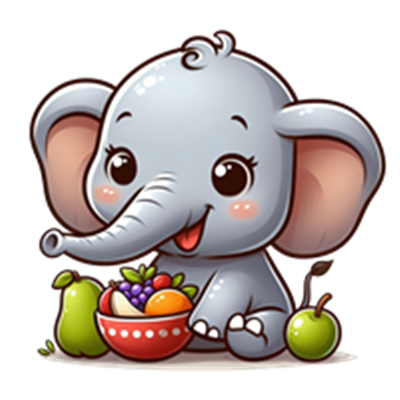 En tegneserieagtig elefant, der smilende sidder med en skål fyldt med frugter.