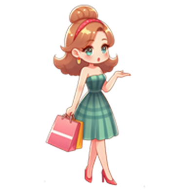 En sød, animeret kvinde iført en grøn kjole med en shoppingpose i hånden.