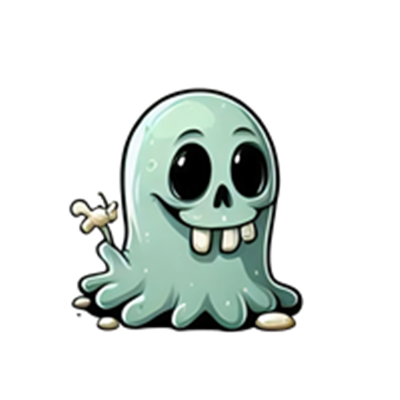 Et tegneserieagtigt spøgelse med store øjne, smilende ansigt og en knogle.