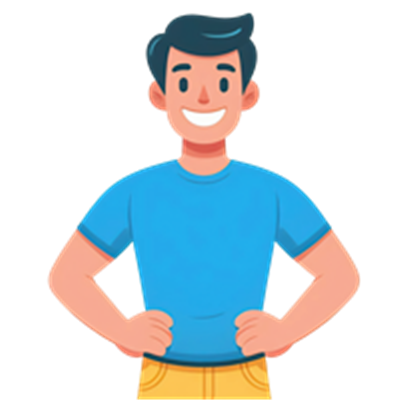 En tegnet karakter af en ung mand med kort mørkt hår og et stort smil, iført en blå t-shirt og gule bukser.