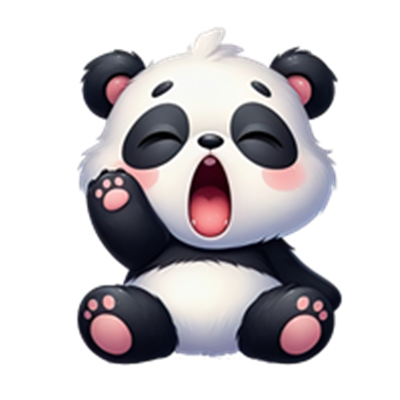 En sød, tegneserieagtig panda, der gaber og ser træt ud, med bløde farver.