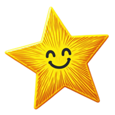 En farverig stjerne med et smilende ansigt, der udstråler glæde.