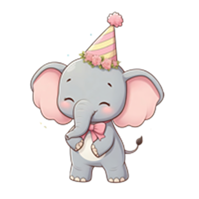 En sød, festlig elefant iført en fødselsdags hat og en blomsterkrans.