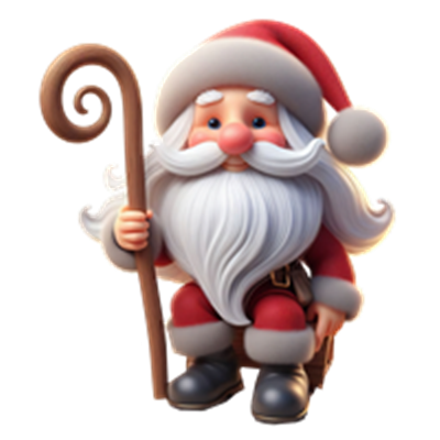 En sød, tegnet julemand med hvidt skæg, rød dragt og en stok, der sidder og smiler.