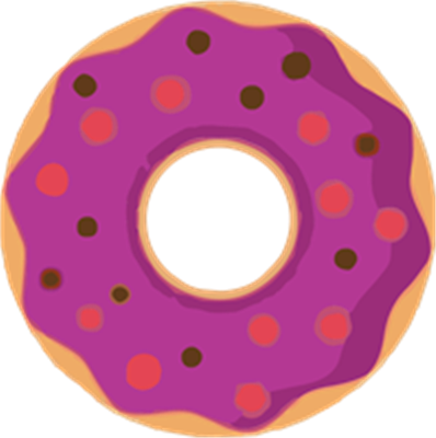 En illustreret donut med en lilla glasur og farverige prikker.