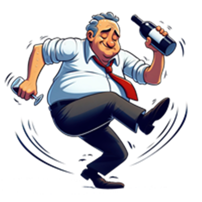 En karikatur af en glad mand, der danser med en flaske vin og et glas.