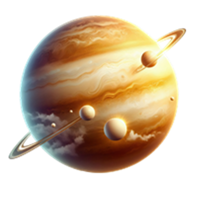 En farverig illustration af planeten Jupiter med sine karakteristiske ringe og måner.