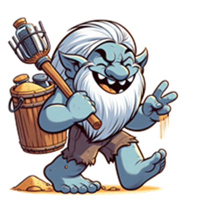 En glad trold med hvidt skæg, der bærer en spand og en skovl, mens han går på en sandet overflade.