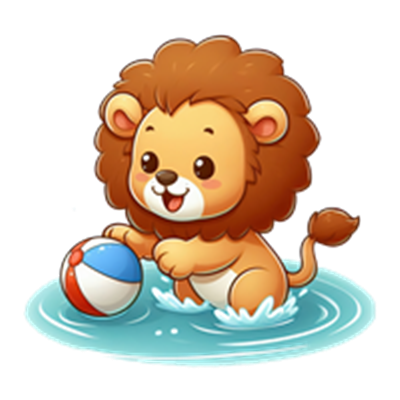 En sød, tegnet løveunge, der leger med en bold i vandet.